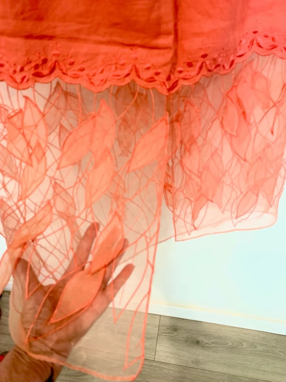 Coral Embroidered Leaf Lace Hem Midi Skirt, 100% linen - Picture 3 of 7